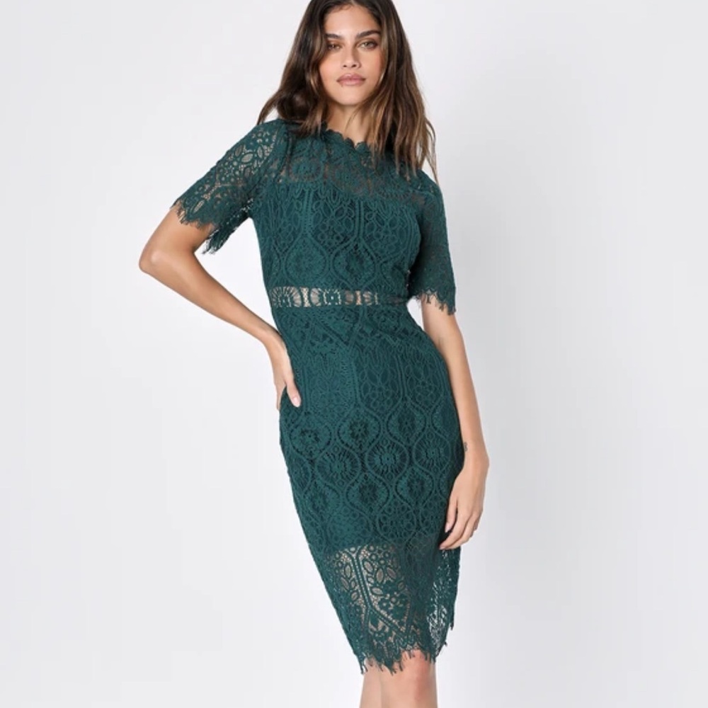[NWT] Lulu’s Remarkable Forest Green Sheer Lace Short Sleeve Mini Dress Size L